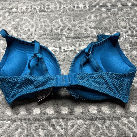 Victorias Secret Teal Blue Bombshell Plunge Bra 32B Padded Push Up Beaded Lace - Picture 2 of 6
